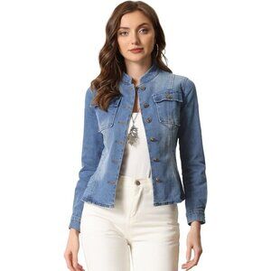 Women's Casual Denim Jacket Classic Stand Collar Long Sleeve Jean Jacket Blue